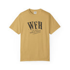 A mustard yellow short-sleeve t-shirt with a black graphic print on the front reading 'WFH just relax Cats & Coffee', displayed on a clean white background.