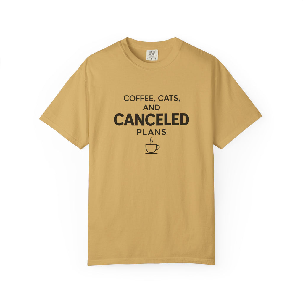 mustard yellow coffee cats and canceled plan tee