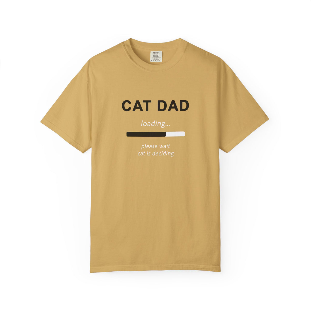 A mustard crewneck t-shirt with a humorous 'CAT DAD' graphic on the chest featuring a loading bar and the text 'loading.