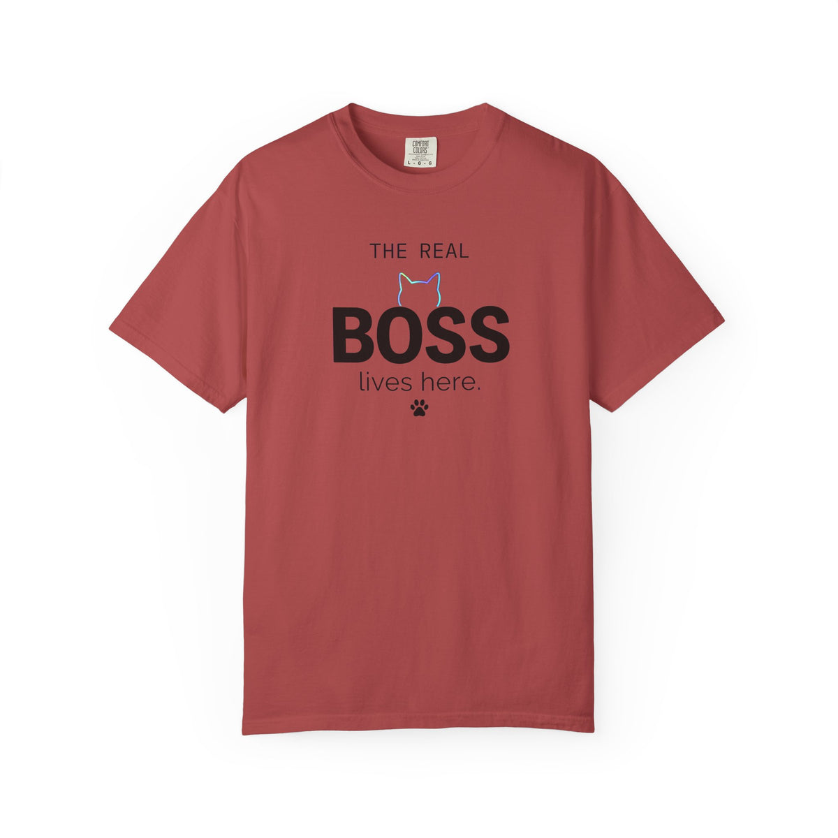 Pink t-shirt with graphic design and text on a white background