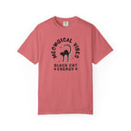 Pink t-shirt with vintage-style graphic and text on a white background
