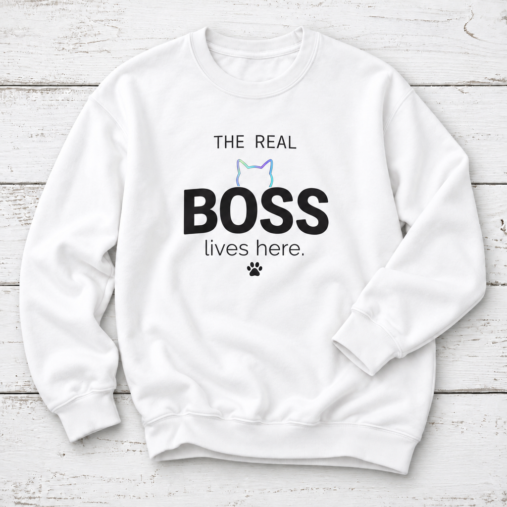 A white crewneck sweatshirt with a graphic print that reads 'THE REAL BOSS lives here.' in black text, featuring a small pastel cat outline and paw print, displayed flat on a white wood plank background.