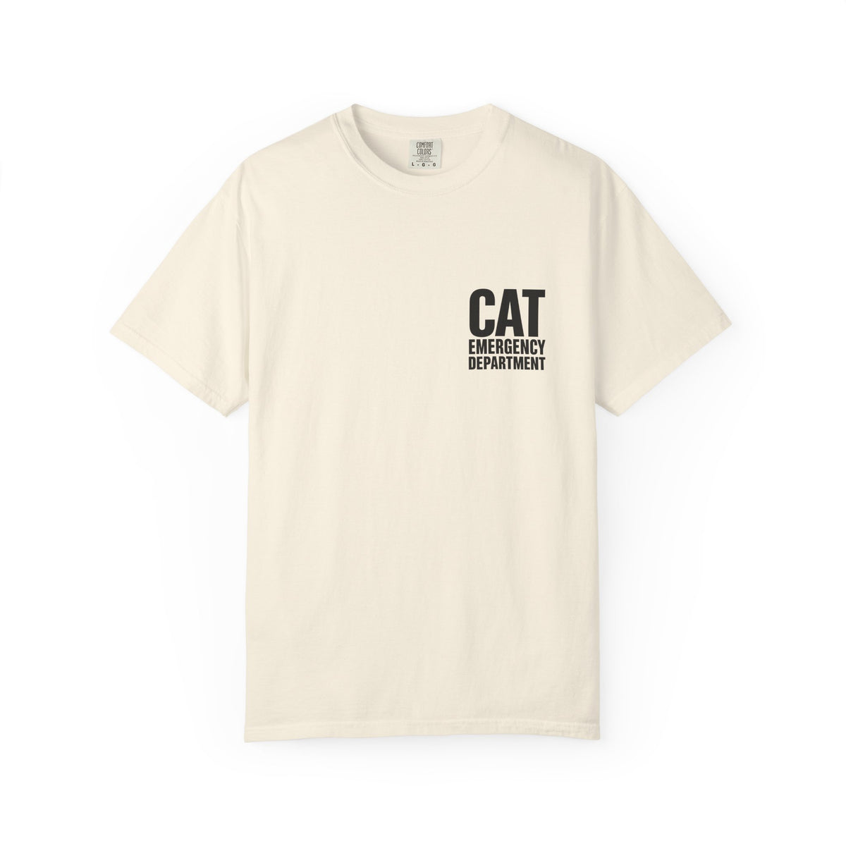 An off-white crewneck t-shirt with a black printed graphic on the left chest reading 'CAT EMERGENCY DEPARTMENT'.