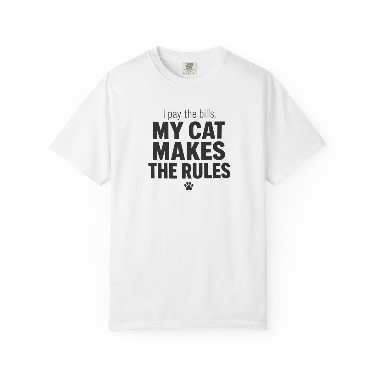 White t-shirt with a paw graphic and text on a white background