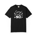 Black t-shirt with mountain graphic and text on a white background