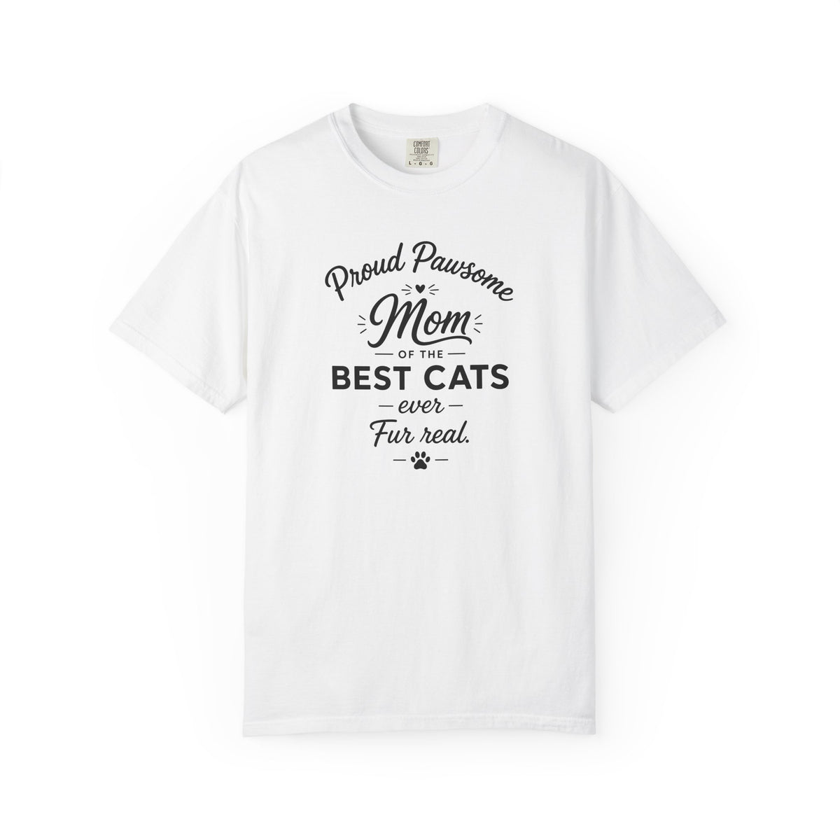 White t-shirt with black text design on a white background
