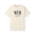 An off-white short-sleeve crewneck t-shirt with a distressed black graphic on the chest that reads 'WFH just now Cats & Coffee'.