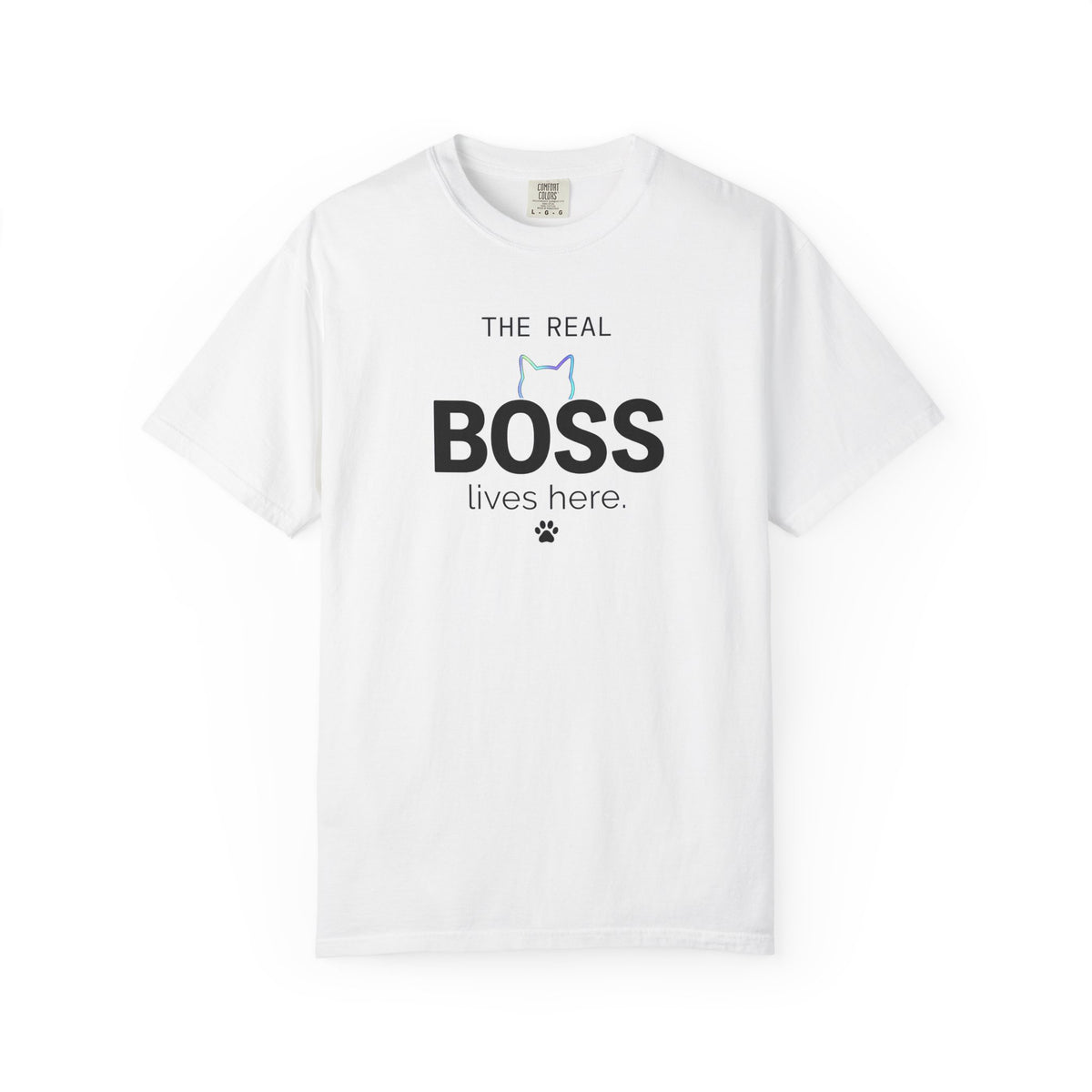 White t-shirt with a graphic design featuring animals and text on a white background