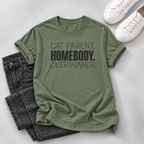 An olive green graphic t-shirt with the text 'CAT PARENT. HOMEBODY.
