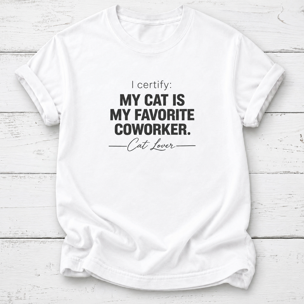 A white short-sleeve crewneck t-shirt with black printed text reading 'I certify: MY CAT IS MY FAVORITE COWORKER. Cat Lover' laid flat on a white wood plank background.