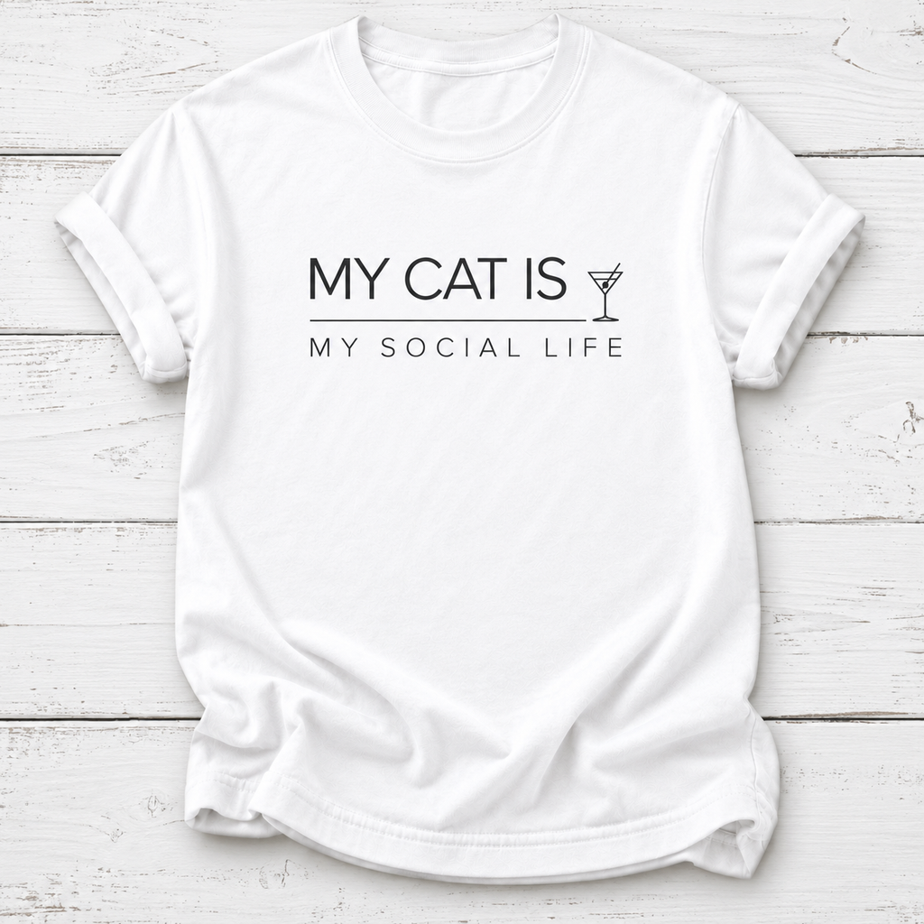 A white short-sleeve crewneck t-shirt with black printed text reading 'MY CAT IS MY SOCIAL LIFE' and a small martini glass icon, laid flat on a white wood plank background.